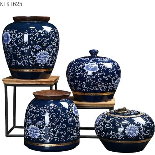 Classical Embossed Blue Flower Ceramic Tea Cans Household Gold-plated Sealed Storage Cans Candy Coffee Beans Storage Cans Crafts