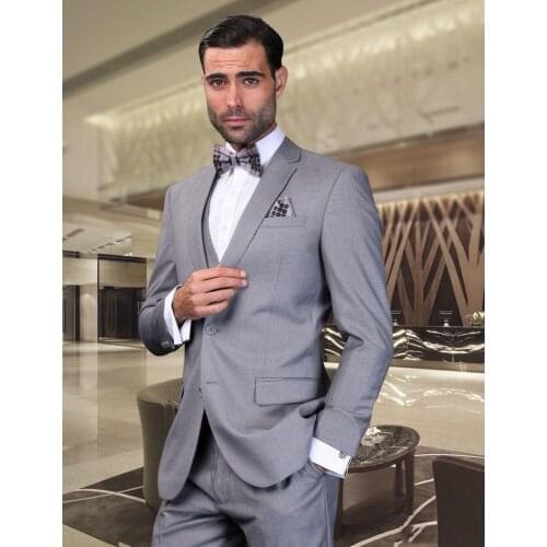 Classic Fit Grey Groom Tuxedos For Mens Wedding Wears Formal Business Prom Party Suits Notched Lapel Two Buttons (Jacket+Pants