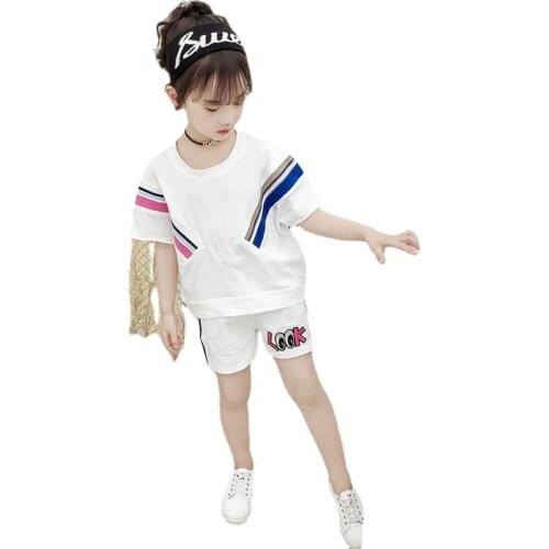 Girls' Short-sleeved Suit Summer Shorts Suit Sports Cotton Two-piece Suit Loose Suit for Elementary School Students 5-12 Ages