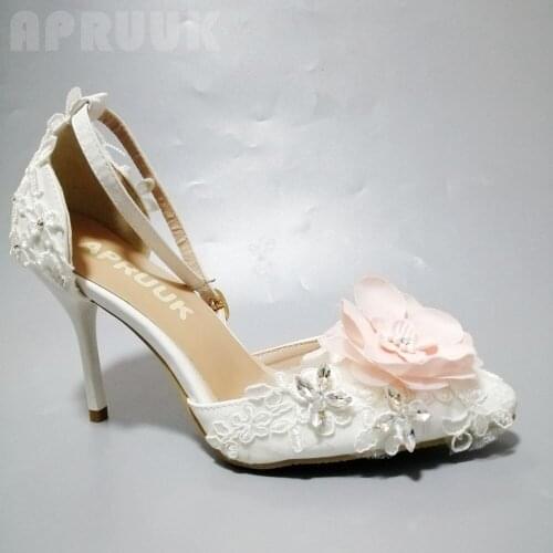 Pink flower white lace summer womens party shoes ankle strap sexy pointed toe ladies dinner proms dress ceremony banquet pump