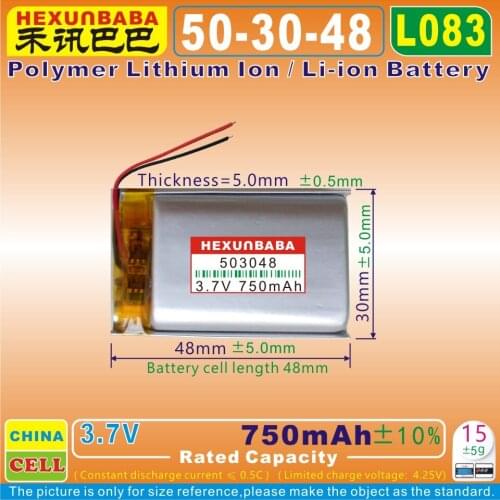 4pcs [L083] 3.7V 750mAh [503048] PLIB / polymer lithium ion / Li-ion battery for GPS,mp3,cell phone,speaker,DVR RECORDER,mp4