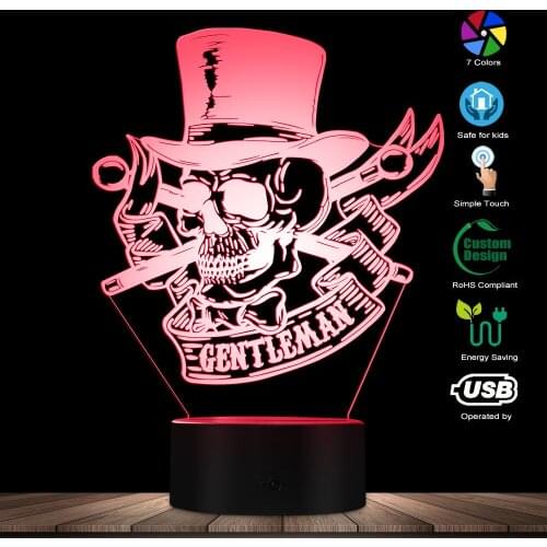Mr Gentleman Skull With Top Hat 3D Optical Illusion Night Lamp Steampunk Skeleton LED Night Lights Skull Lovers Bedroom Decor