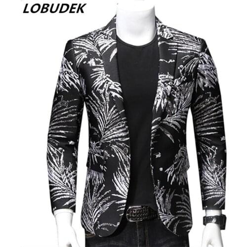 Korean Style Men Blazer Black Jacquard Suit Casual Coat Fashion Slim Fit Singer Host Stage Performance Suit Jacket Blazers