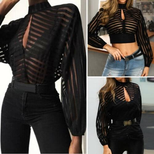 New Fashion Women Mesh Sheer See-through Long Sleeve Top Shirt Blouse Black 2020