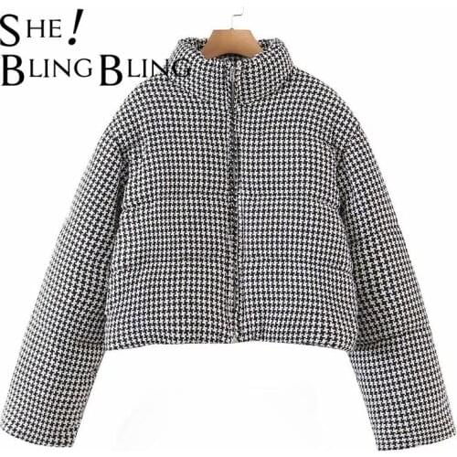 SheBlingBling Za Woman 2021 Coats Traf Winter Black Houndstooth Zipper Padded Jackets Casual Thick Warm Cropped Parkas Overcoat