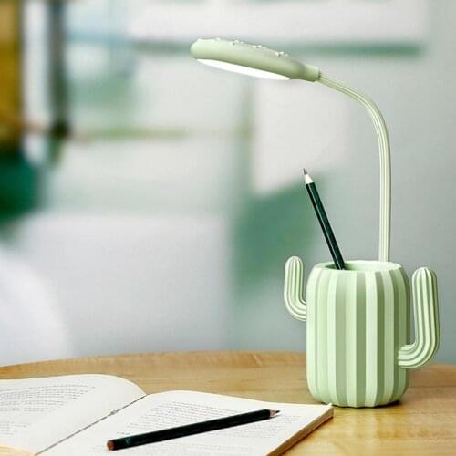 Cactus Shape Folding USB Rechargeable LED Desk Lamp Pen Storage Holder Light