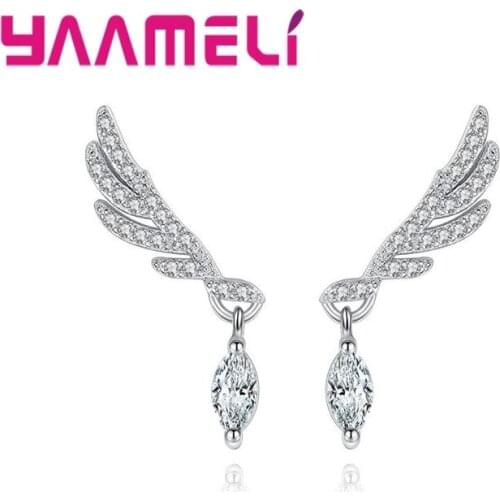 Paved Super Shiny Cubic Zirconia Wing Design Drop Earrings New Fashion 925 Sterling Silver Crystal Jewelry Girls Present