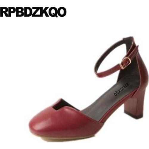High Heels Yellow Wine Red Women Ankle Strap Dress Shoes 2018 Celebrity Famous Size 4 34 Block Medium Pumps Italian Round Toe