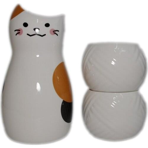 Japanese syle ceramic sake set three flower cat white yellow rice wine por cup set wineware