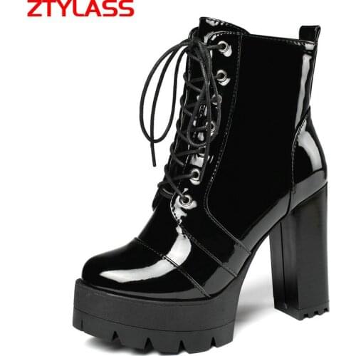 2021 Fashion Black Platform Women Boots Patent Leather Square High Heel Ankle Boots Zipper Autumn Winter Ladies Shoes
