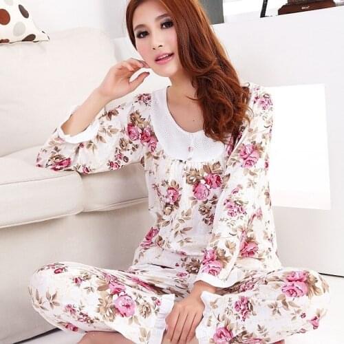 2pc/1set Spring Summer Women Long Sleeve Shirt + Pants Pajamas Set Female Nightwear Floral Nightgown Teenage Sleepwear