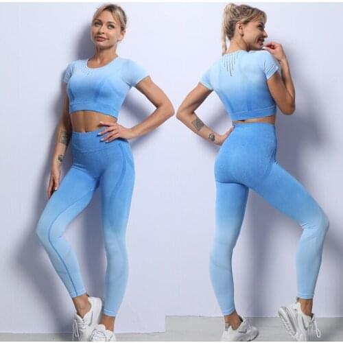 Ombre Seamless Workout Clothes For Women Sports Suit Short Sleeve Crop Top Gym Leggings 2 Pieces Yoga Set Fitness Sportswear