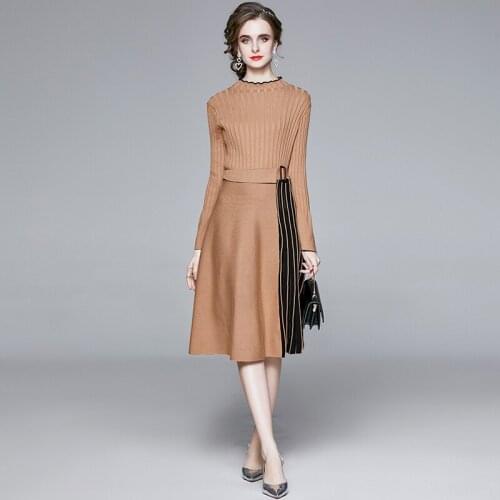 2021 Autumn Winter Fashion Knitted Dress Stitching Pleated Dresses for Women Belt Waist Long Sleeve Elegant Womens Clothing OL