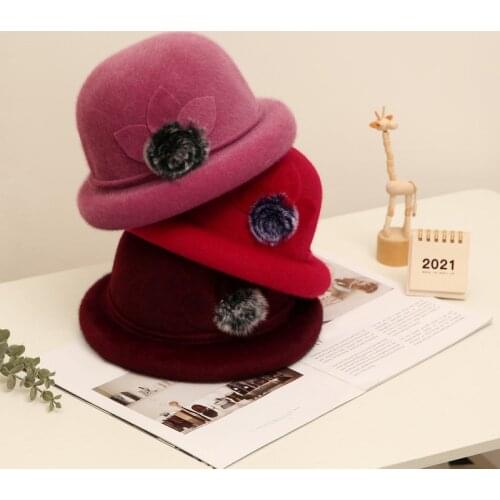 Winter Women Black Wool Hat Mink Fur Basin Hat Rabbit Hair Fishermans Hat Old Ladys Basin Cap Fascinator Fedora