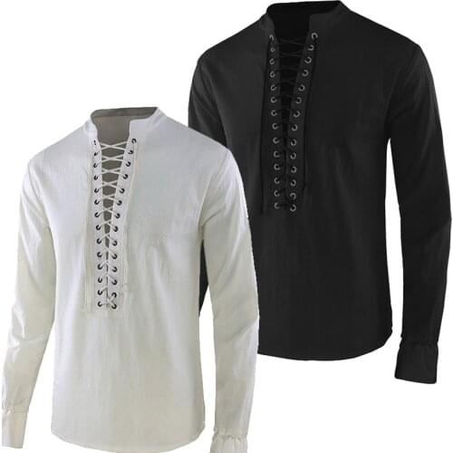 Medieval Men Knight Noble T-Shirt Carnival Viking Pirate Cosplay Tee Tops Retro Casual Blouse Lace Up Long Sleeve Costume Shirts