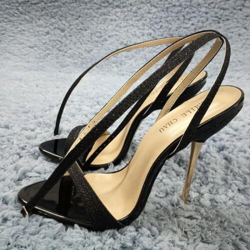 Sexy Black Glitter High Heel Slimmer Popular Bridals Party Women Sandal Summer New Open Toe Ankle Strap Stiletto 11cm Heel Shoe