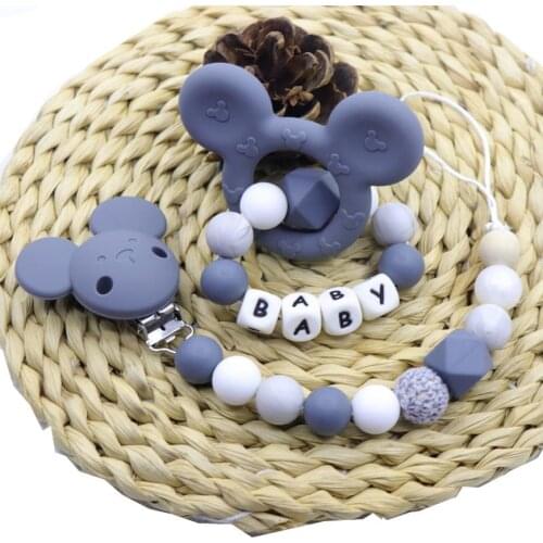 Custom Baby Name Teething Baby Mickey Pacifier Chain Bracelet Silicone Teething Beads Bisphenol a Free Educational Toy for Baby