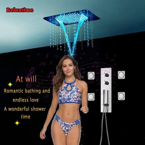 Crystal Pendant Bluetooth Music LED Ceiling Rain Shower Head Thermostatic Concealed Shower Panel Tap Speaker System Massage Jets