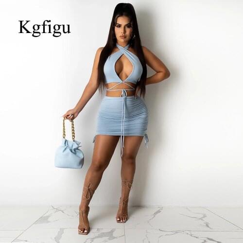 KGFIGU 2021 Spring New Arrival Halter Sleevesless Pleated Sexy Knitting Elegant Party Birthday Travelling Women Two Pieces