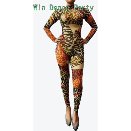 Leopard Bandage SkinnyJumpsuit Rave Festival Club Outfit Fashion Print O Neck tracksuit Jogging Sportwear Bar Pole dance Slim