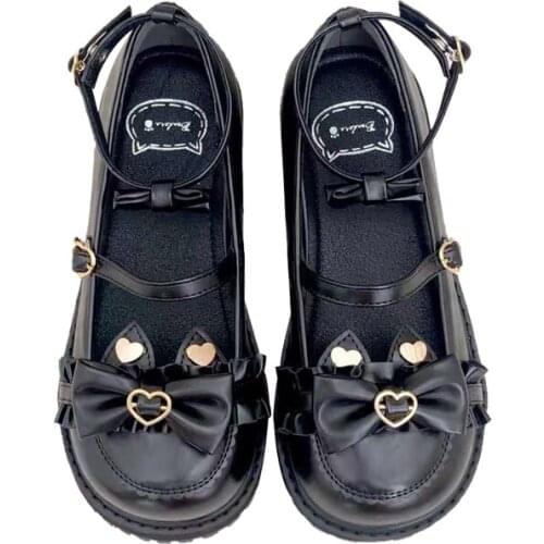 Lolita Japanese students thick-soled big cute flat shoes Bowknot Princess Kawaii Girl Women Shoes Vintage Sweet Low Heel Round