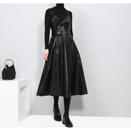 New Autumn Women Dress Elegant Sling PU Leather Dress High Waist Belt Zipper Long Black Dresses Slim Sexy Party Dress Vestidos