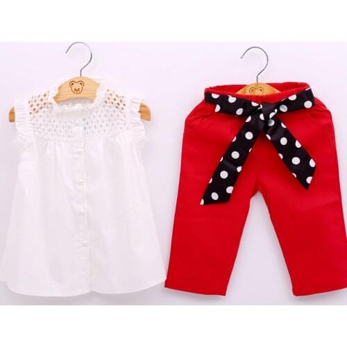 NEW 2020 Summer 50 Casual fashion Girl lace white blouses+ Red 7 minutes of pants clothing set kids clothes sets