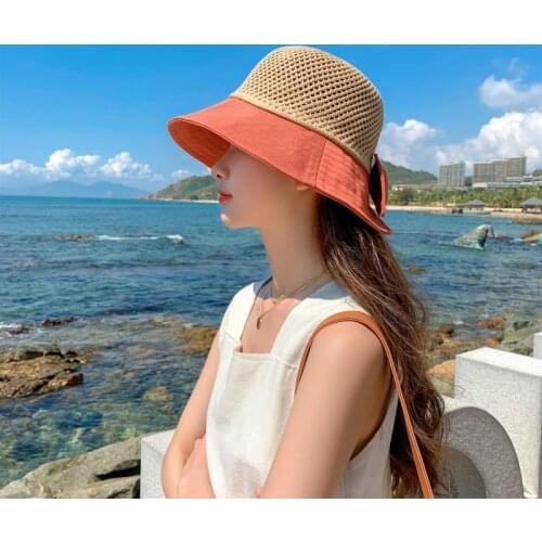 2021 Summer Bucket Hats Women Panama Hat Fashion Linen Hole Beach Sun Hat Bow Fisherman Cap