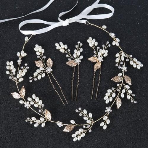 SLBRIDAL Golden Leaf Wired Crystal Rhinestone Pearls Flower Wedding Hair accessories Hair Vine Hairband Bridal Headband Hair Pin