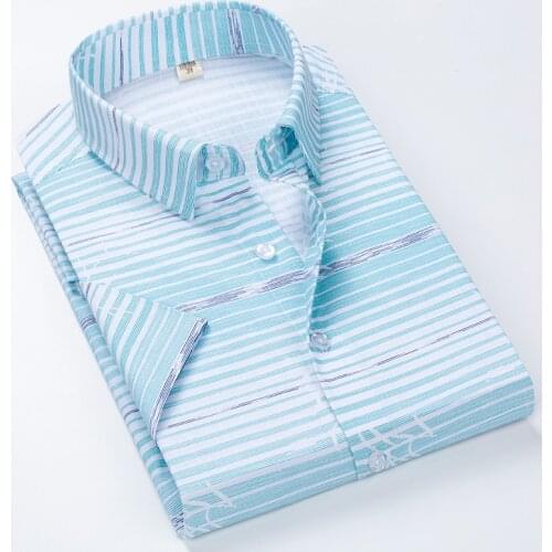 Summer business work shirt square collar short sleeved plus size solid twill striped formal men dress shirts no fade