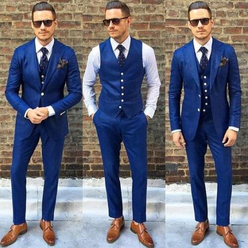 Navy Blue Slim Fit Formal Suits Beach Wedding Suits For Men 3 Piece Groom Tuxedos Prom Party Suit Men Costume Homme Terno