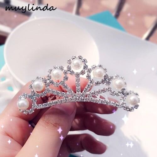 Girls Simulated Pearls Small Tiara Hair Combs Fashion Clear Crystal Crown Wedding Flower Girls Hair Jewelry