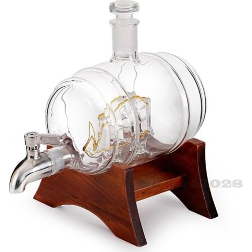 1000ml Wine Barrel High Borosilicate Glass Wine Barrel with Wooden Base Whiskey Red Wine Sealed Storage Tank Home Furnishings