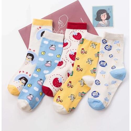 Strawberry cow print harajuku kawaii cute socks cartoon woman calcetines women meias mulher kobieta skarpety meia calcetas mujer