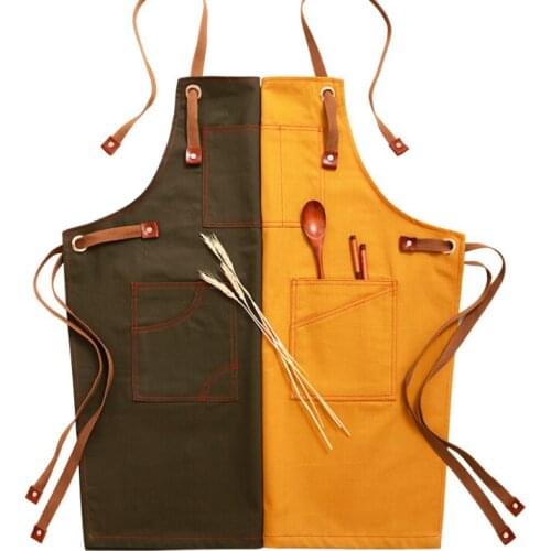 Japanese Style Canvas Apron Barista Restaurant Floral Tea Shop Barber Overalls Bib Leather Chef Kitchen Apron For Women MenLF960