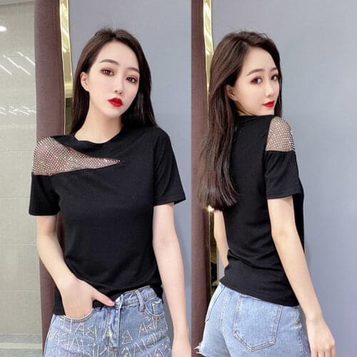 Blouse Womens off-Shoulder Diamond Short-Sleeved Shirts European Goods Slim Fit Oblique Shoulder Tops Blusas Ropa De Mujer