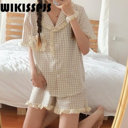 WIKISSPJS Plaid Pajamas Womens New Summer 2021 Two Piece Set Summer Kawaii Pajama Pajamas for Teen Girls Loungewear