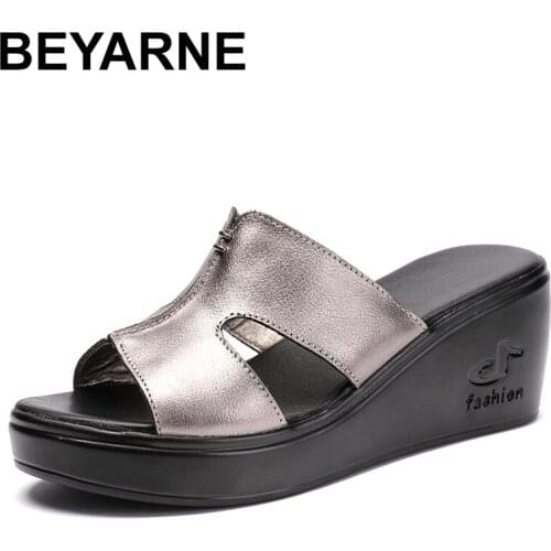 BEYARNE woman platform thongs 2020 new summer women real leather slipper high heel shoes women slippers big size