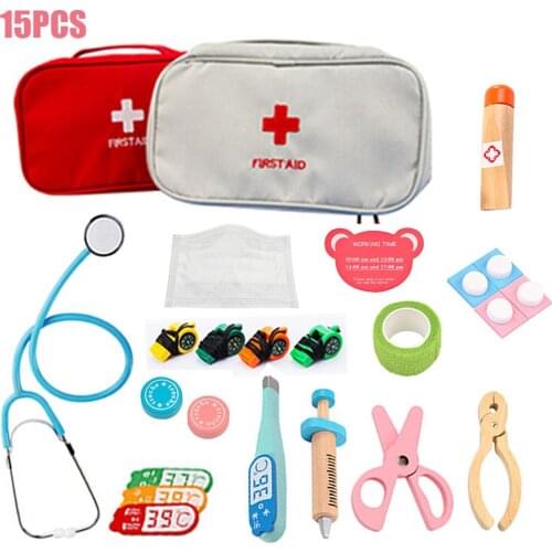 15pcs Childrens Wooden Simulation Cloth Bag Medicine Box Baby Boy And Girl Play House Simulation Doctor Injection Toy Gift