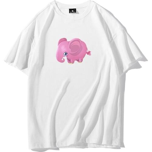 2021 Pink Elephant Cartoon T-shirt Female Top Korean Printing Cute Round Neck Harajuku Casual Cotton Short-sleeved Shirt