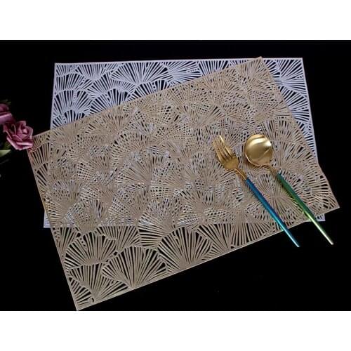 4PCS Creative Rectangular Stitching Hollow Pvc Apricot Western Table Mat, Heat-insulating Non-slip Bronzing Decorative Cup Mat