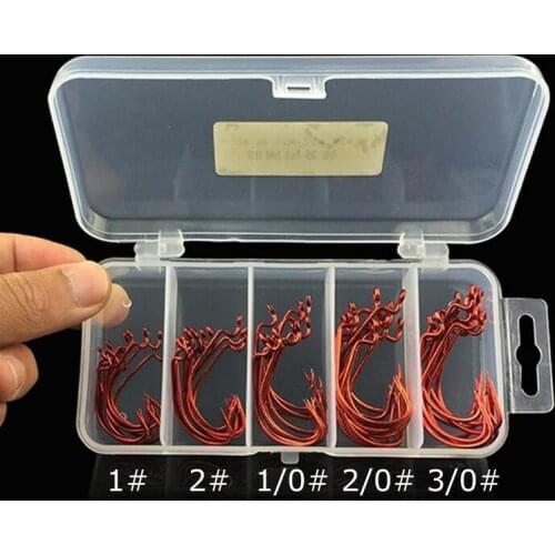 50pcs/set High Carbon Steel Red Crank Hooks Soft Bait Fish Hook 1# 2# 1/0# 2/0# 3/0# Fishhooks with Storage Box Fishing Tackle