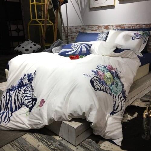 80S Egyptian Cotton 3D Zebra Luxury Embroidery Bedding Set 4/6pcs King Queen Wedding Bed Sheet Cover set Duvet Cover Pillowcase