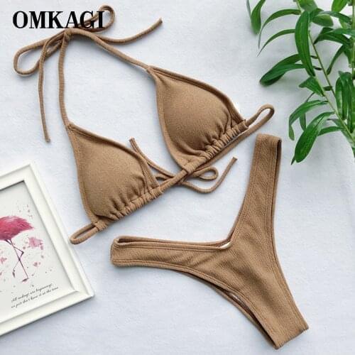 OMKAGI Bikini 2021 Solid Swimsuit Sexy Micro Bikinis Set Swimming Bathing Suit Beachwear Sexy Brazilian High Cut Swimwear Women