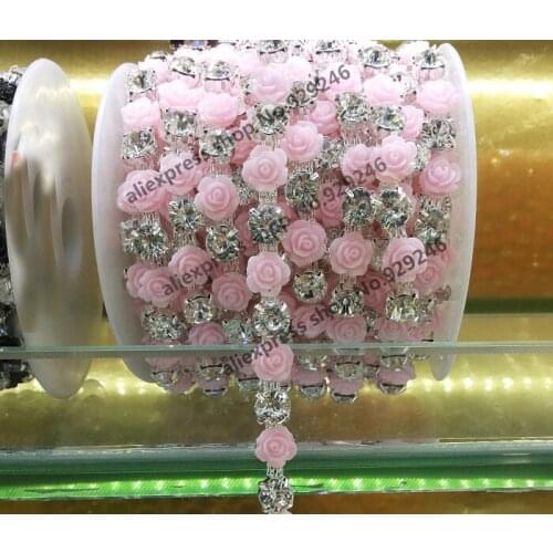 1 yard/pack 1cm cute pink plastic flower crystal rhinestone chain yard trims sewing on for kids' garment shoes dress decoration