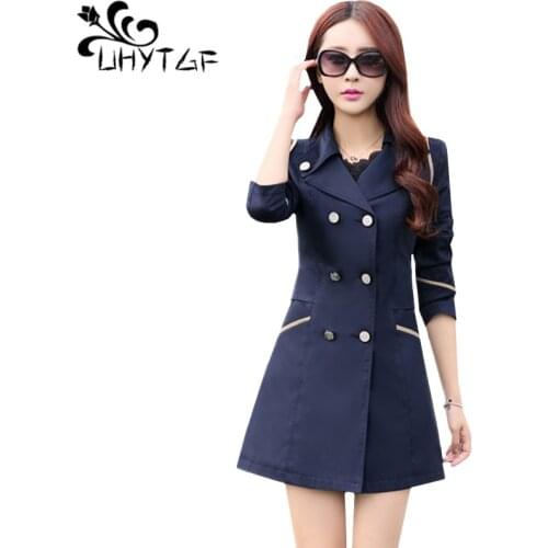 UHYTGF M-3XL Elegant womens windbreaker jacket Double-breasted Slim Autumn Winter Outerwear Ladies Korean long jacket Female 138