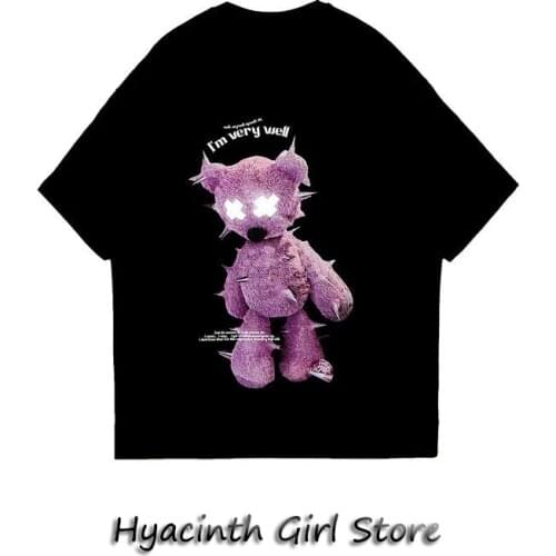 INS Harajuku style reflective bear print short-sleeved high street Y2K T-shirt boys tide brand lazy loose casual t-shirt tops