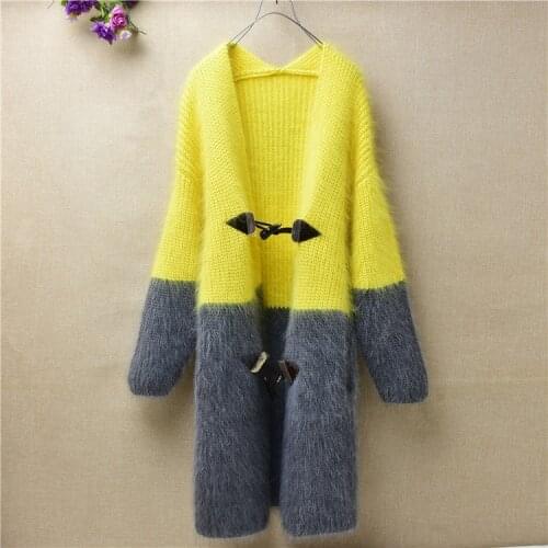 Top quality female women autumn winter hairy plush angora rabbit hair knitted vintage slim cardigans jacket coat sweater pull