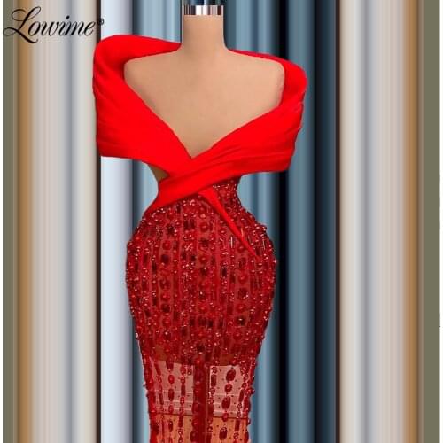 Lowime 2021 Long Beaded Evening Dresses Beaded Red Carpet Party Dress Middle East Illusion Mermaid Prom Dress Vestido De Festa