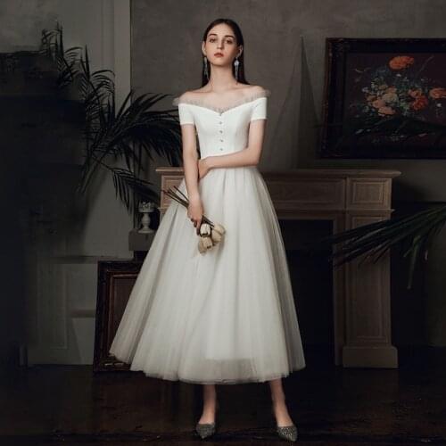 Bride Light Wedding Dress 2021 New Bride One Shoulder White Simple and Thin French Satin Hepburn Style Go Out Yarn Super Fairy